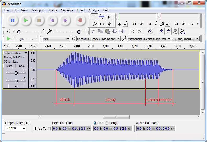 Test sound for accordion instrument on Audacity