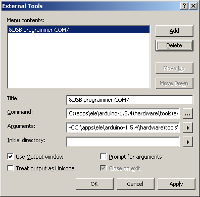 External Tools USB connection configuration in Atmel Studio 6