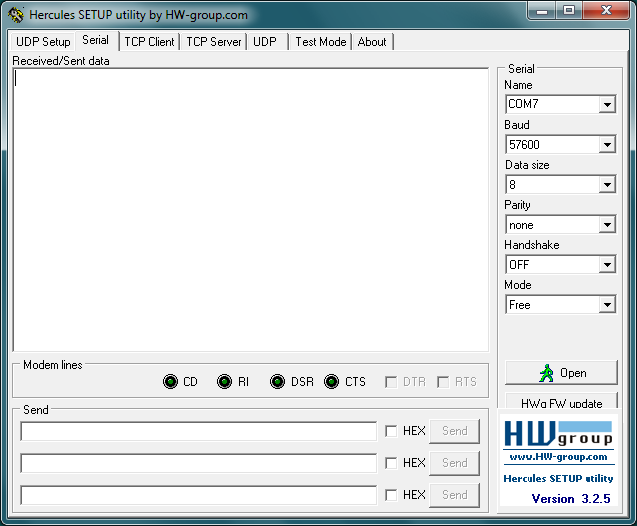 Hercules SETUP utility by HW group, used as serial terminal